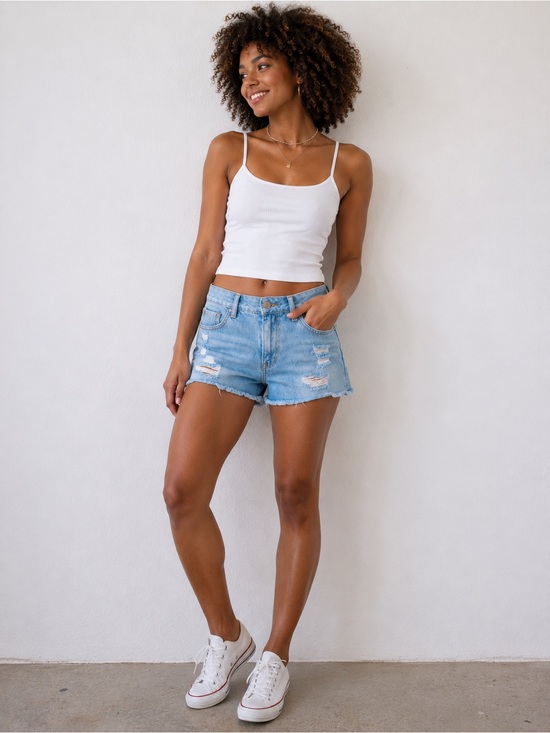 Bullhead Pants - Bullhead High Rise Distressed Denim Shorts Light Wash Raw Hem Size 26